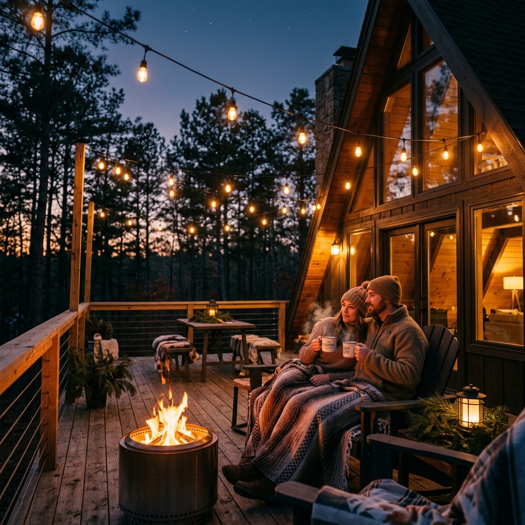 Couple relaxing with hot drinks on A-frame cabin deck at twilight with string lights