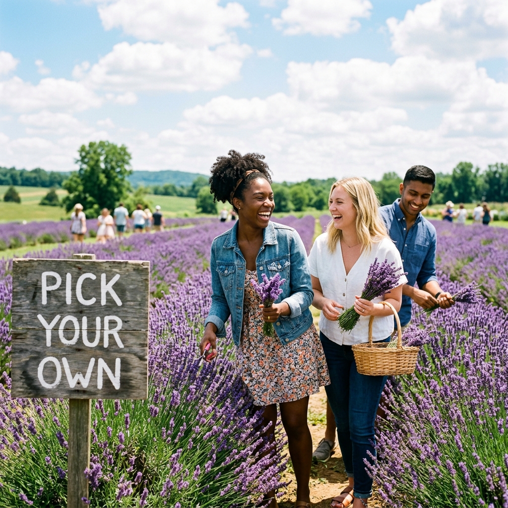 Young visitors joyfully picking lavender bundles in blooming lavender fields