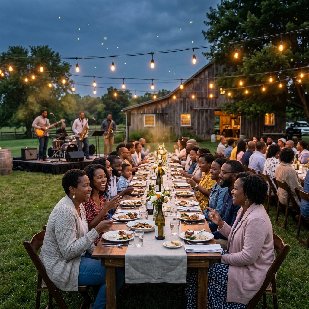 Community farm-to-table dinner under string lights with live music and families