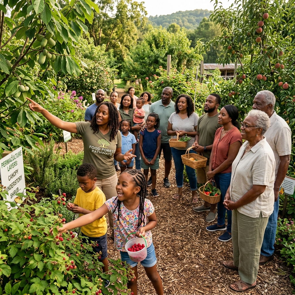 Guided food forest tour with families learning about permaculture layers and picking berries