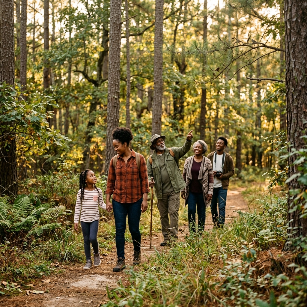 Multigenerational family walking through pine forest trail at golden hour