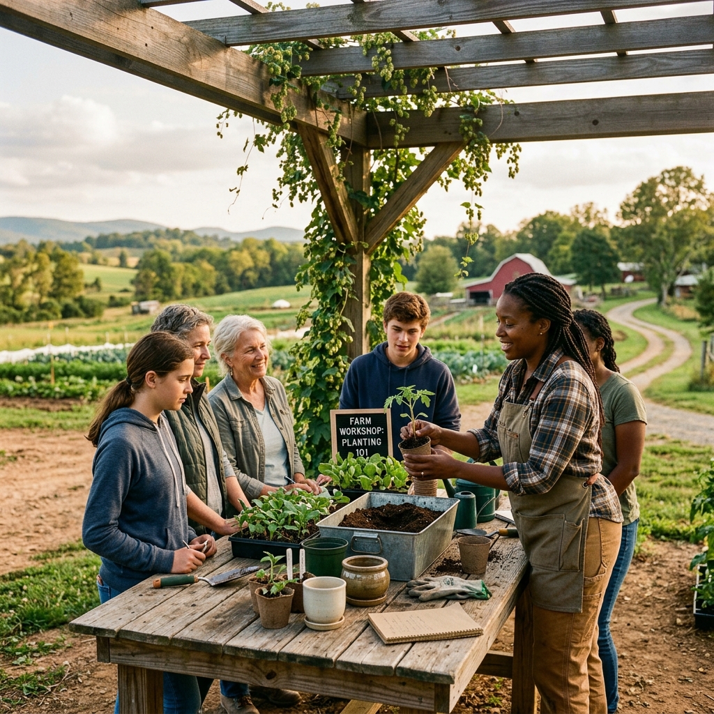 Farm workshop instructor teaching planting techniques to group under rustic pergola