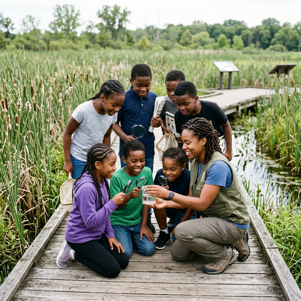 Black children doing hands-on wetland science with instructor examining water samples