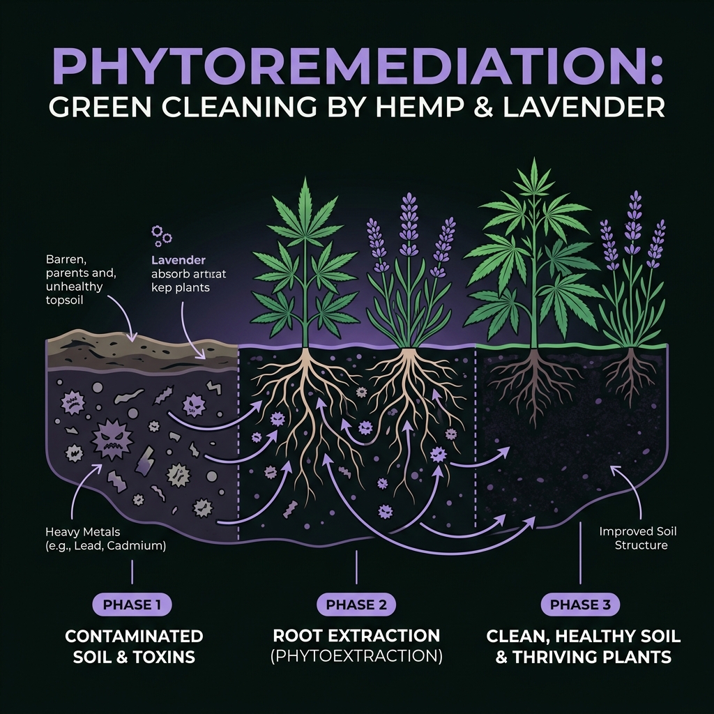 Phytoremediation diagram showing hemp and lavender roots cleaning soil
