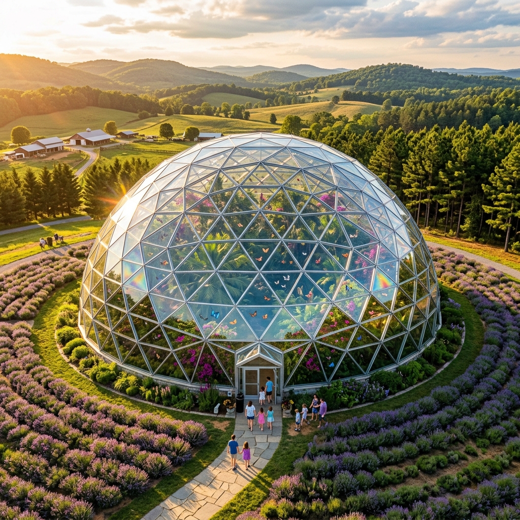 Geodesic dome butterfly pavilion surrounded by lavender fields with tropical plants and hundreds of butterflies visible inside