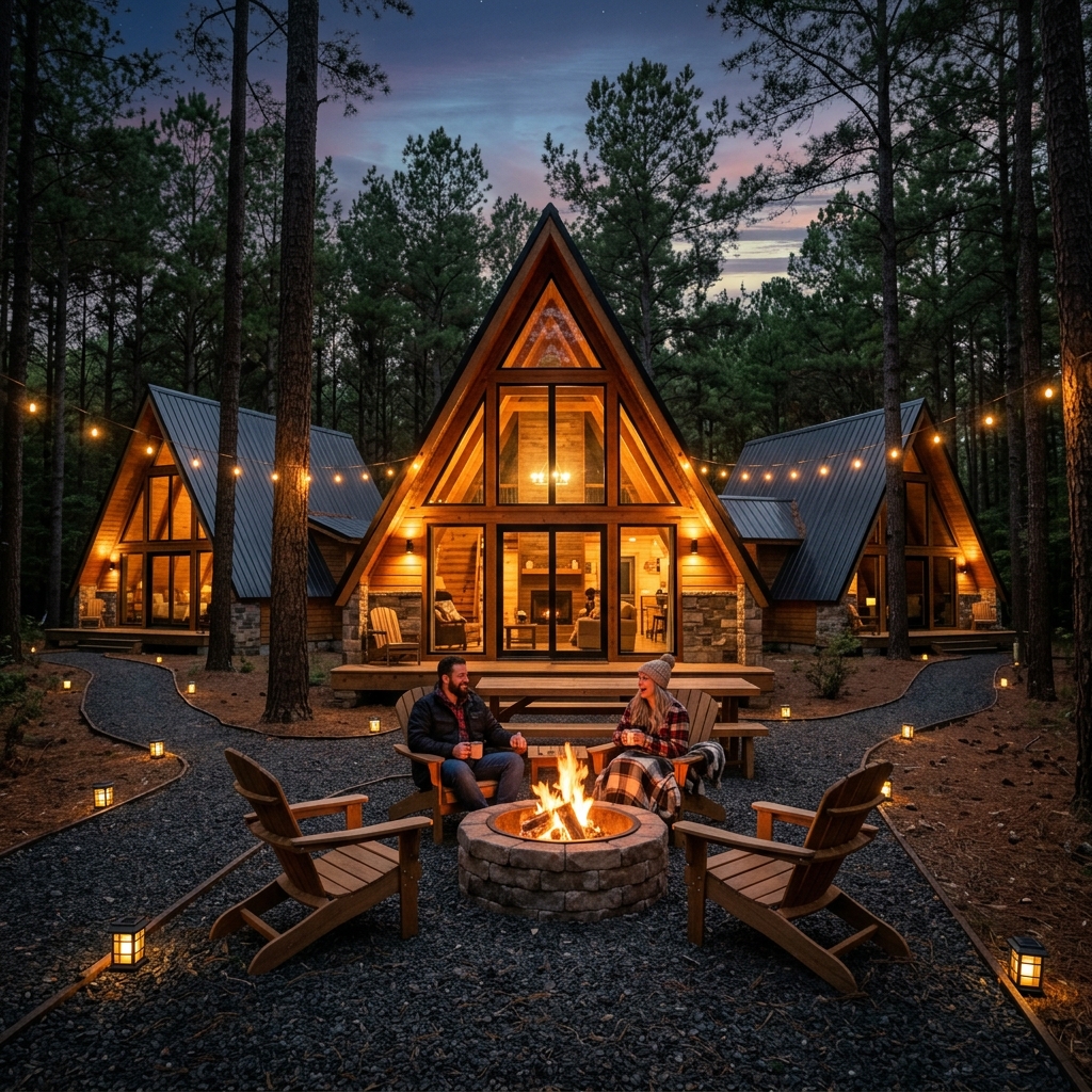 Modern A-frame cabins in pine forest with fire pit