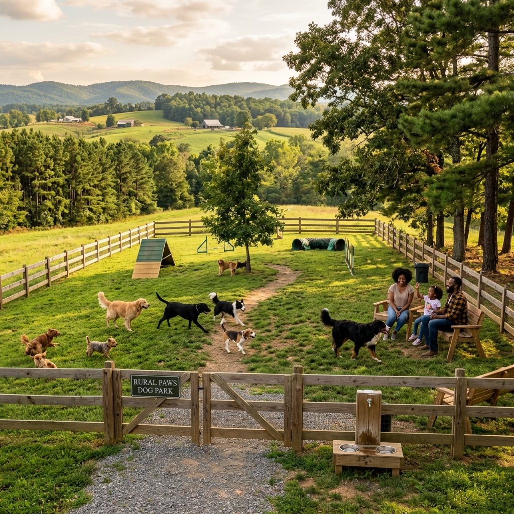 Fenced dog park in rural setting with families