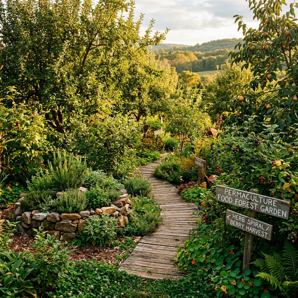 Lush permaculture food forest with fruit trees, berry bushes, herb spirals, and walking paths