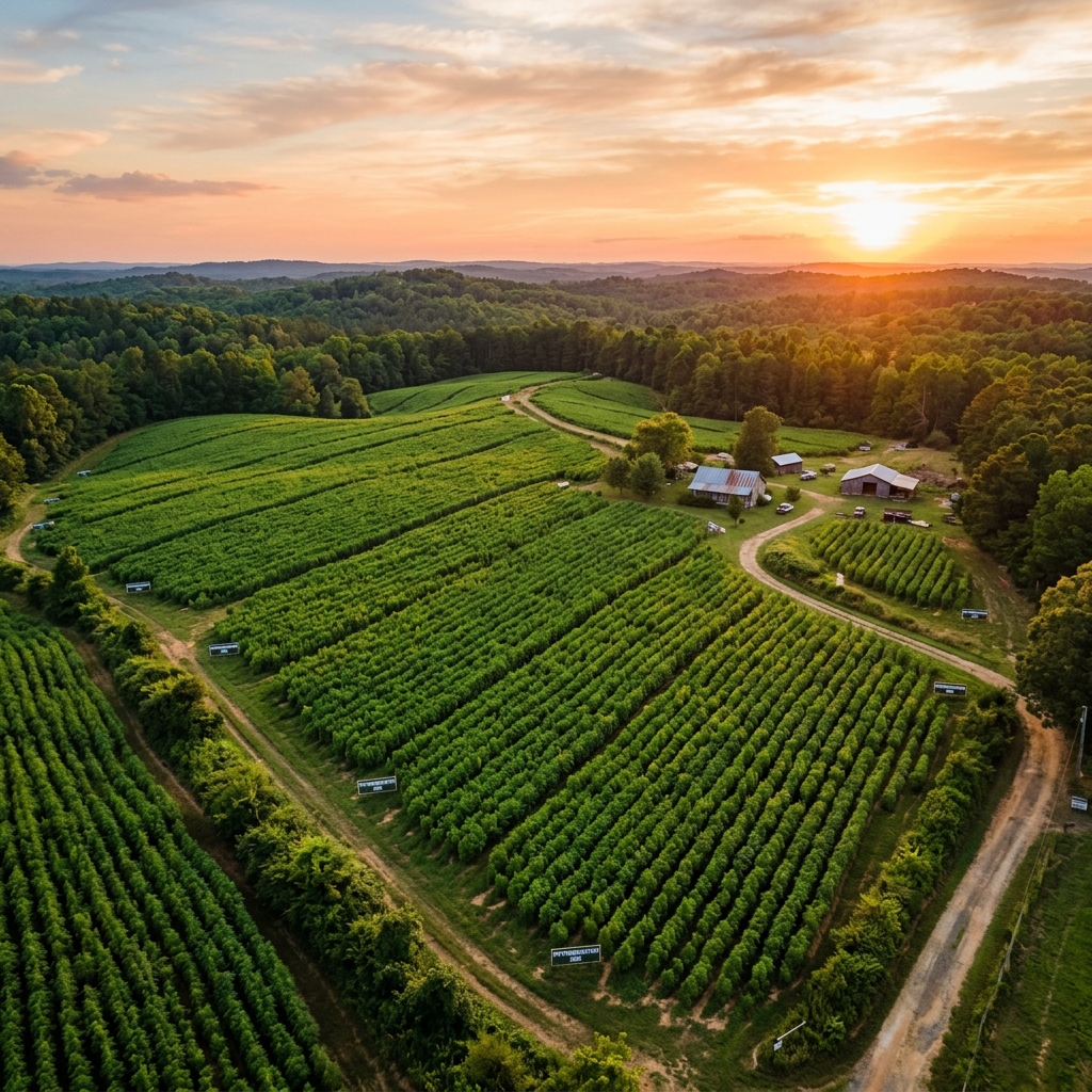 Dense industrial hemp fields stretching across rolling Virginia hills