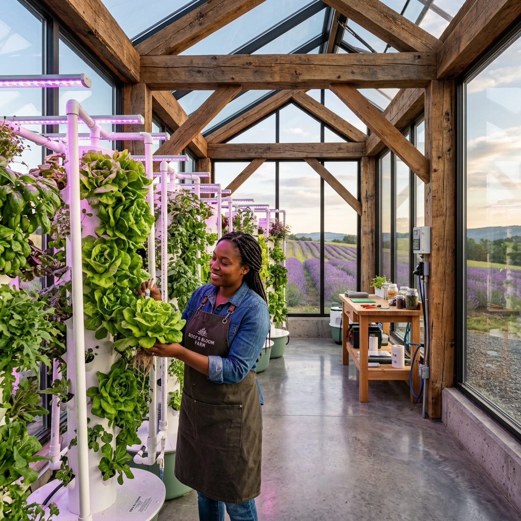 Modern hydroponic greenhouse with vertical growing towers and LED lights