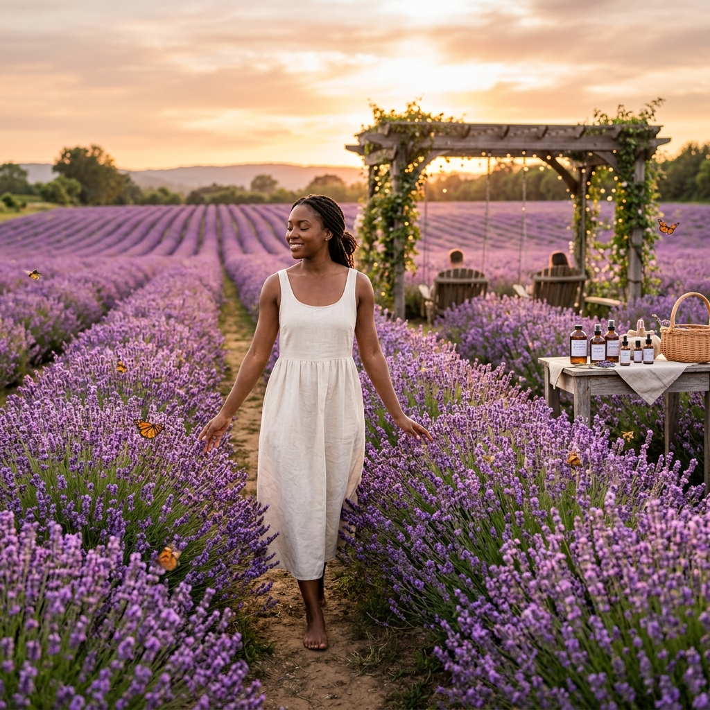 Rolling lavender fields with pergola swings at golden hour