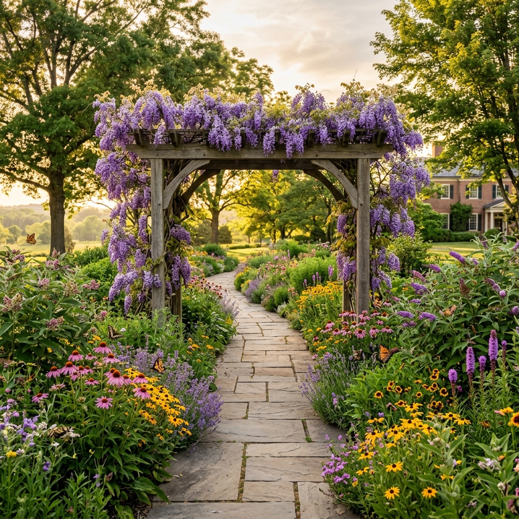 A wisteria-draped pergola archway leading to lush pollinator gardens with wildflowers and butterflies