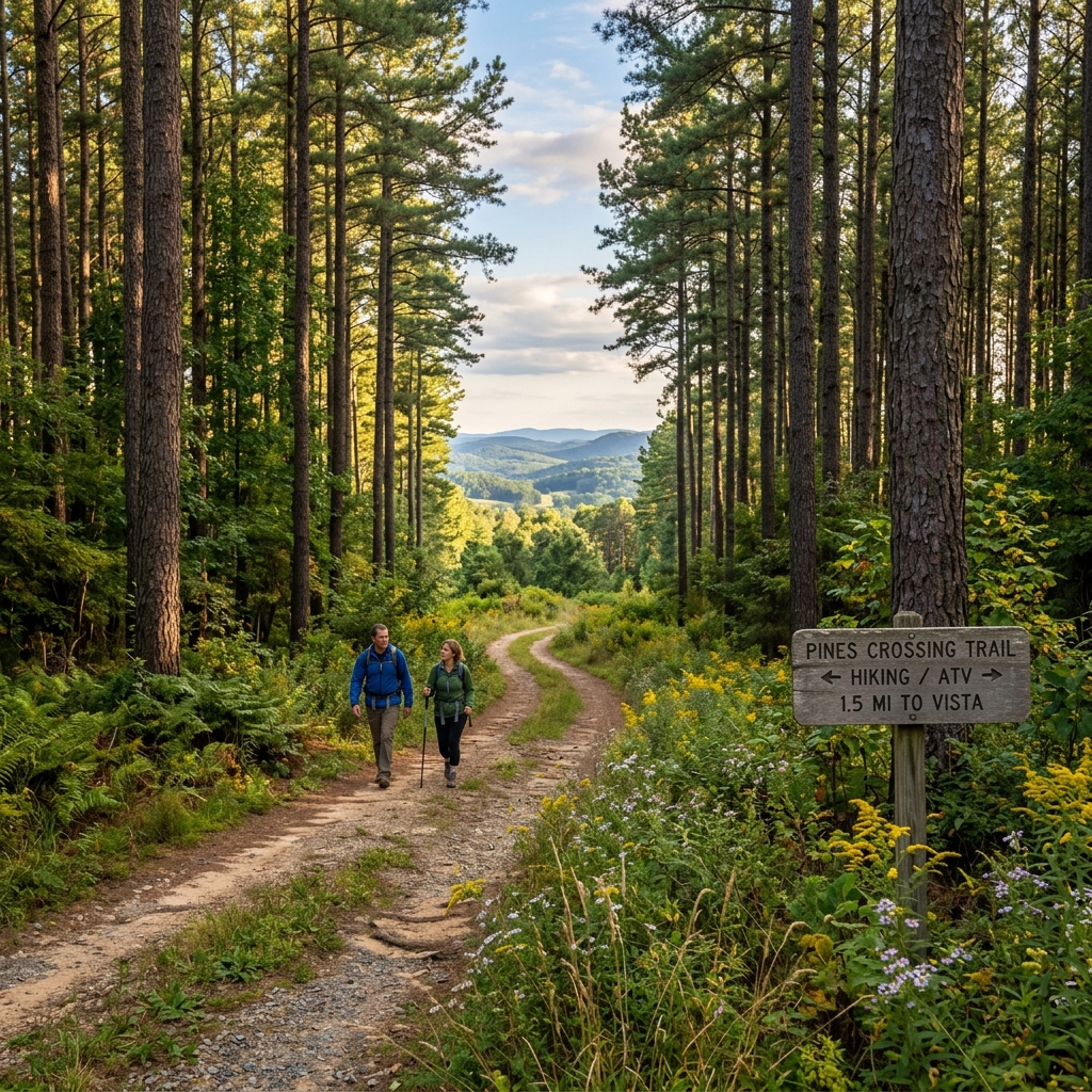 Walking trail through pine forest