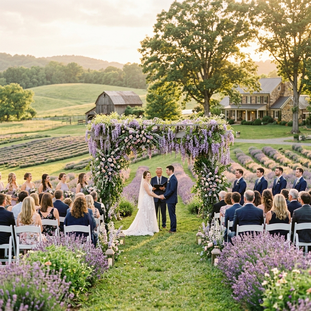 Outdoor wedding ceremony under a wisteria-draped pergola with lavender-lined aisle at golden hour