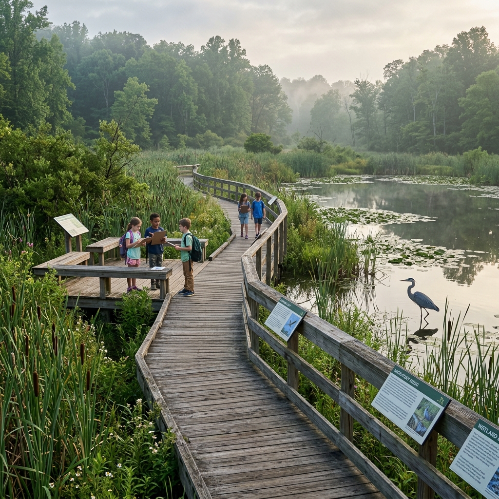 Wooden boardwalk through wetland with outdoor classroom